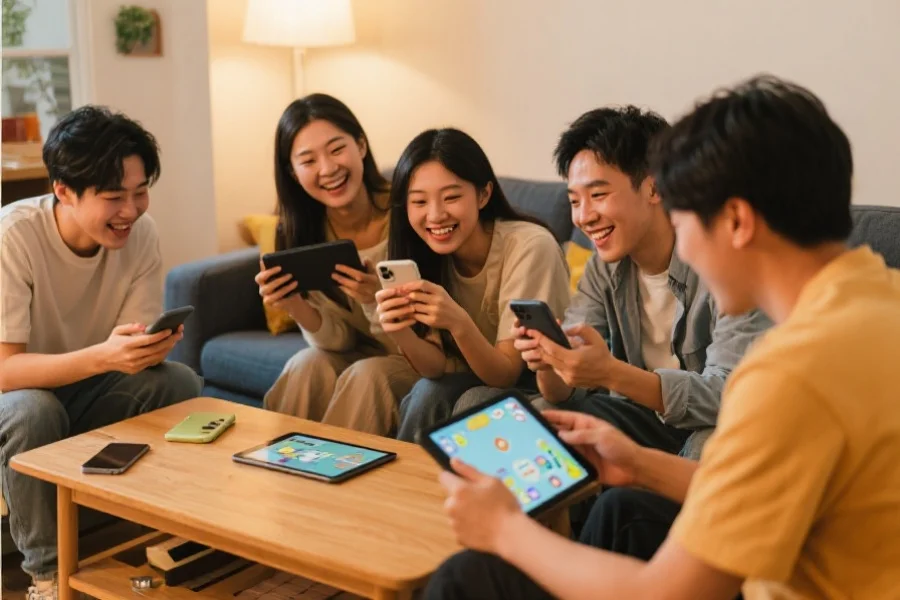 一群年轻人在舒适的客厅里，用平板电脑和手机开心地互动游戏，气氛轻松愉快